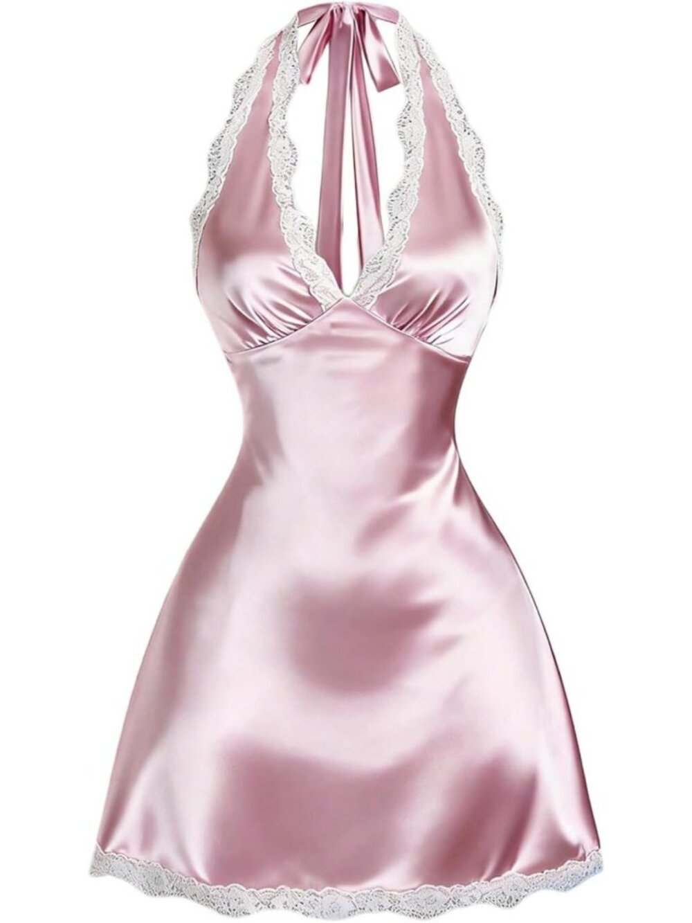 Lace Trim Satin Tie Halter Mini Dress - A-Line Short Dress for Women